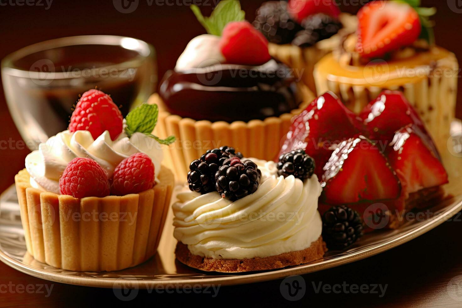 Desserts including chocolate, raspberries, Generative AI photo