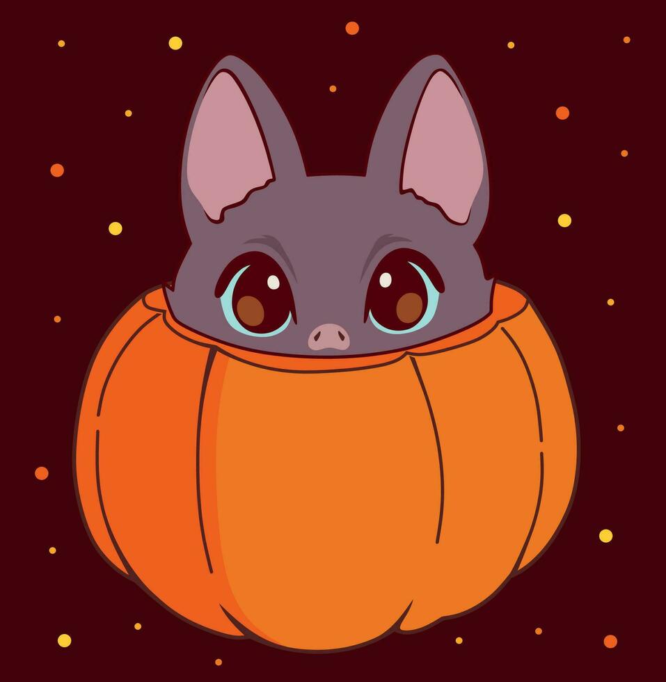 Cute Bat Looking From a Pumpkin. Adorable Halloween Illustration, Postcard vector