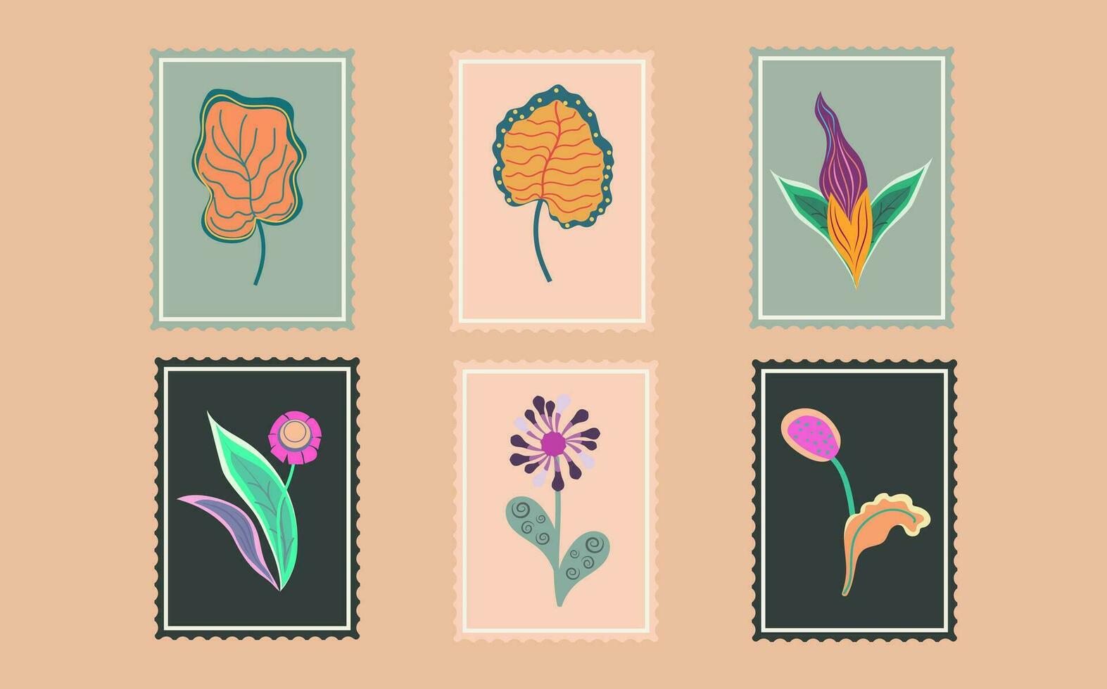 un conjunto de postales con un variedad de botánico plantas y flores miniatura imágenes de en peligro de extinción flora. vector