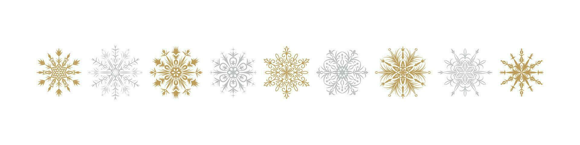 Golden and silver snowflakes. Merry Christmas and happy new year greeting card design element. Vector illustration isolated on white. Winter background