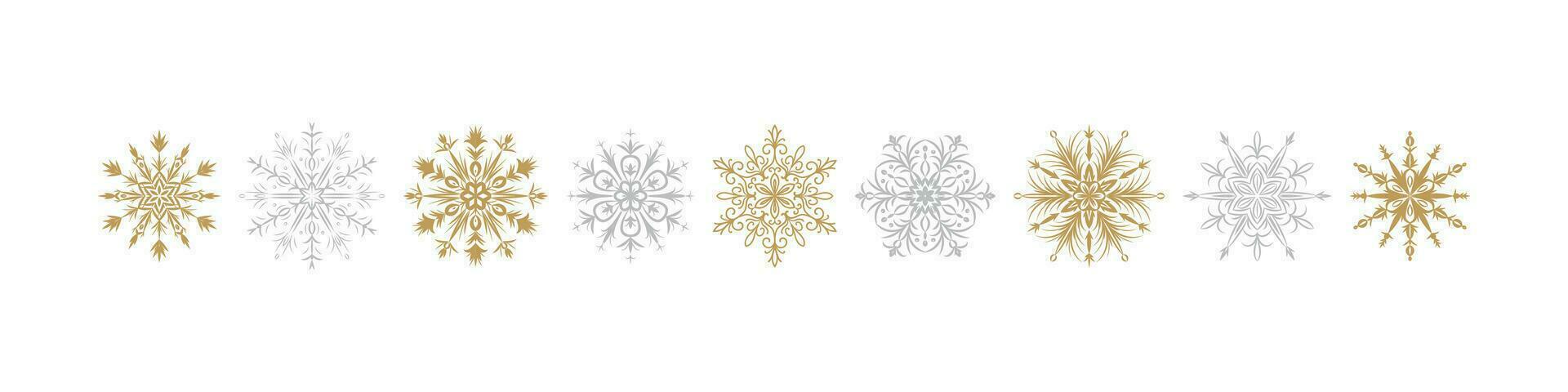 dorado y plata copos de nieve. alegre Navidad y contento nuevo año saludo tarjeta diseño elemento. vector ilustración aislado en blanco. invierno antecedentes