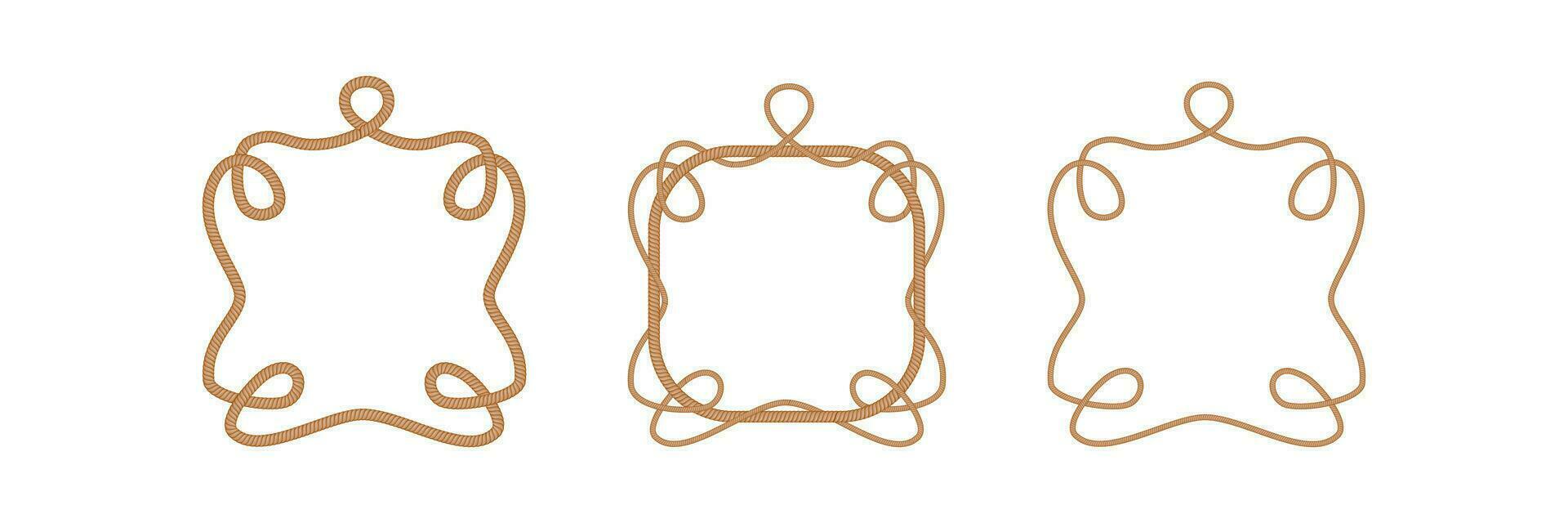 Set of rope frames with knots. Design element for marine sailor theme. Vector illustration isolated on white background