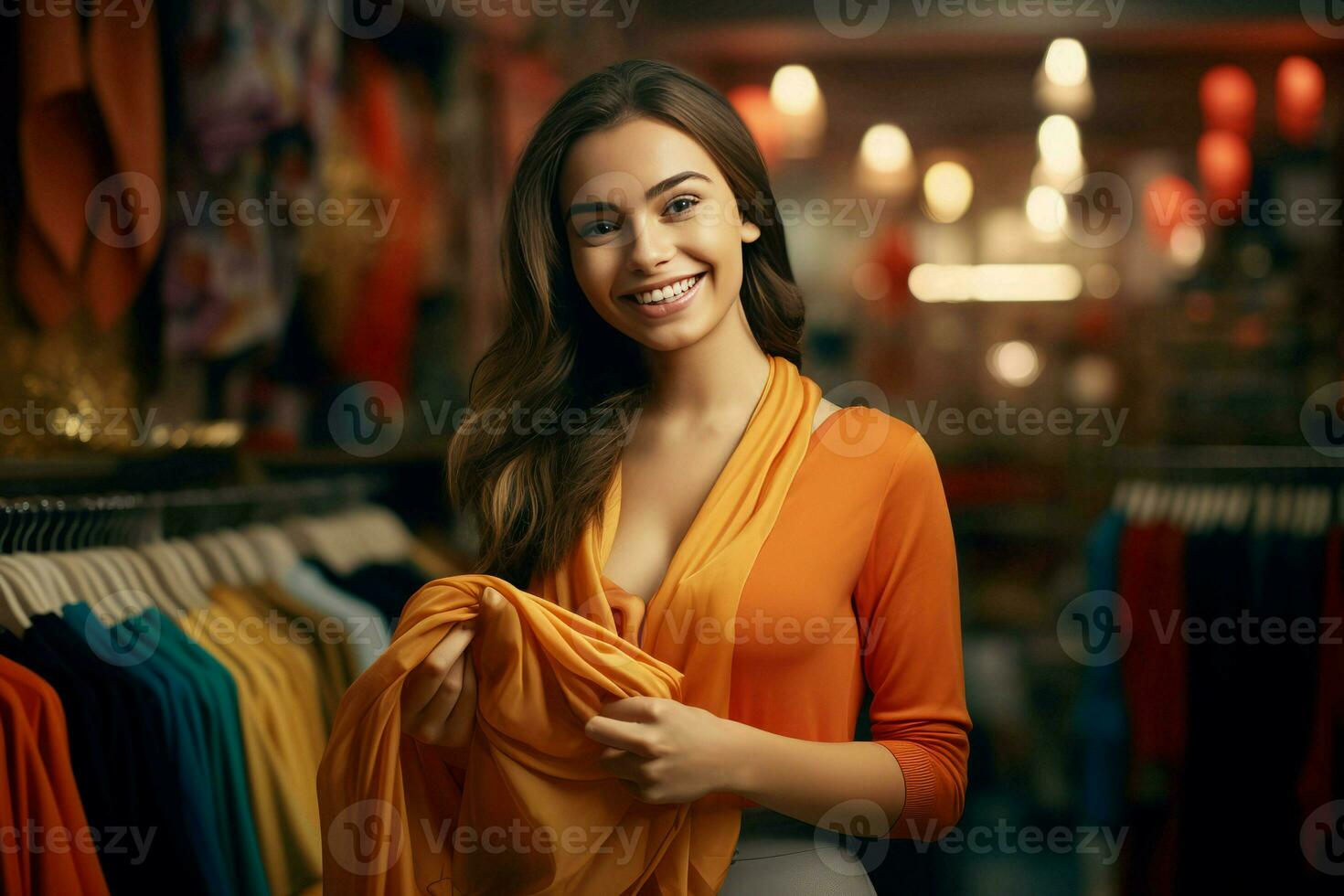 Smiling cute woman holding cloth. Generate Ai photo