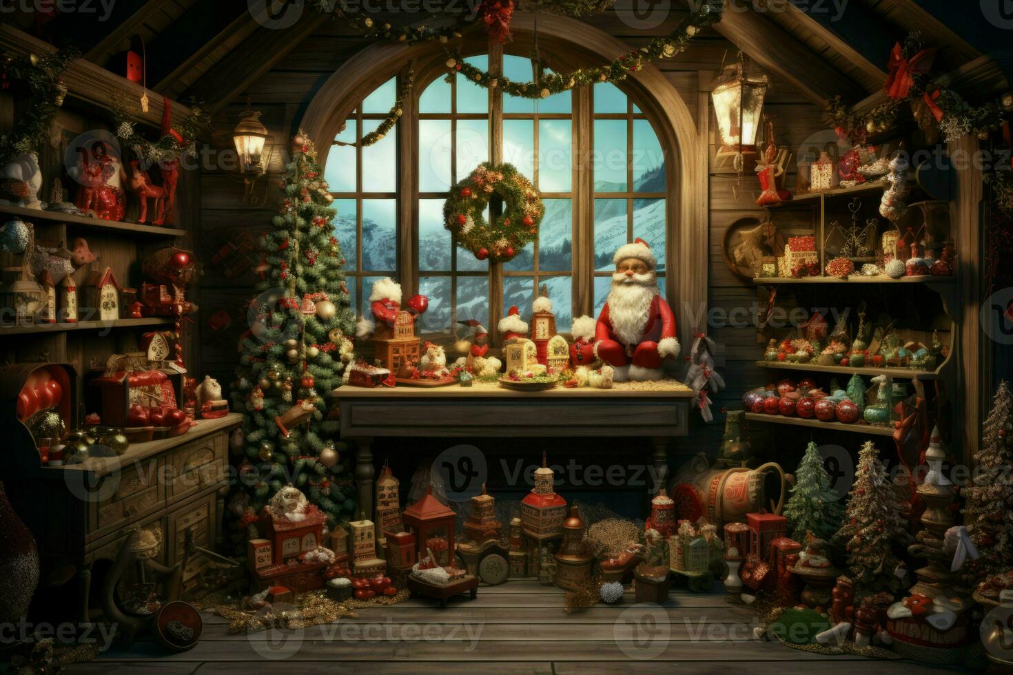 Indoor christmas shop shelf near window. Generate Ai photo