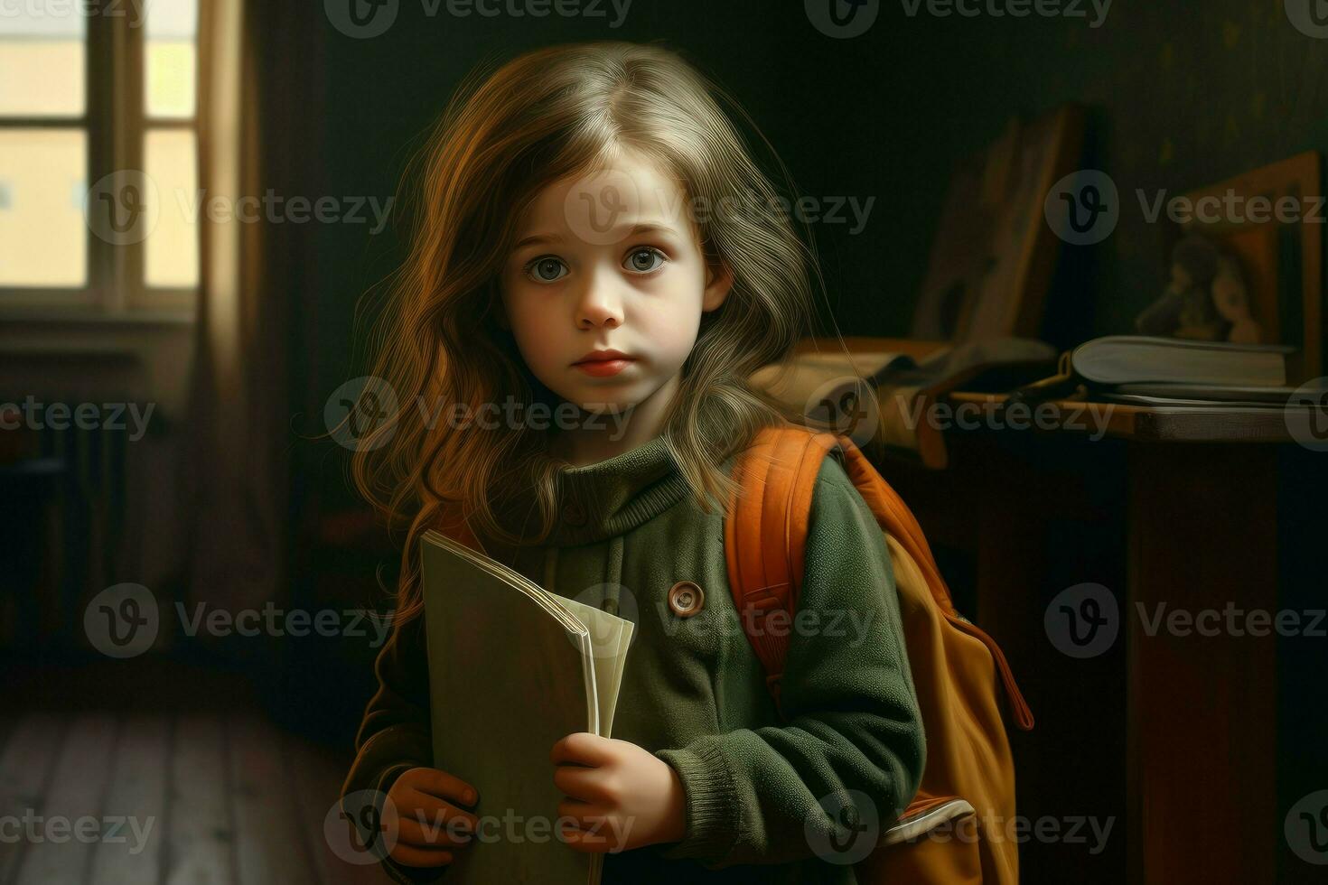 pequeño niña en Mañana con mochila y libro. generar ai foto