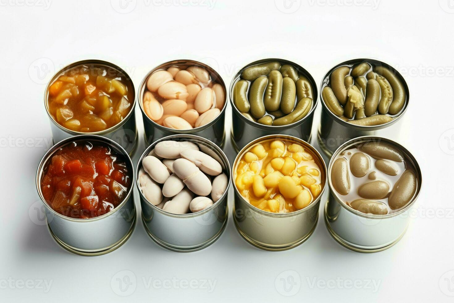 Open tin cans with vegetable food. Generate Ai photo