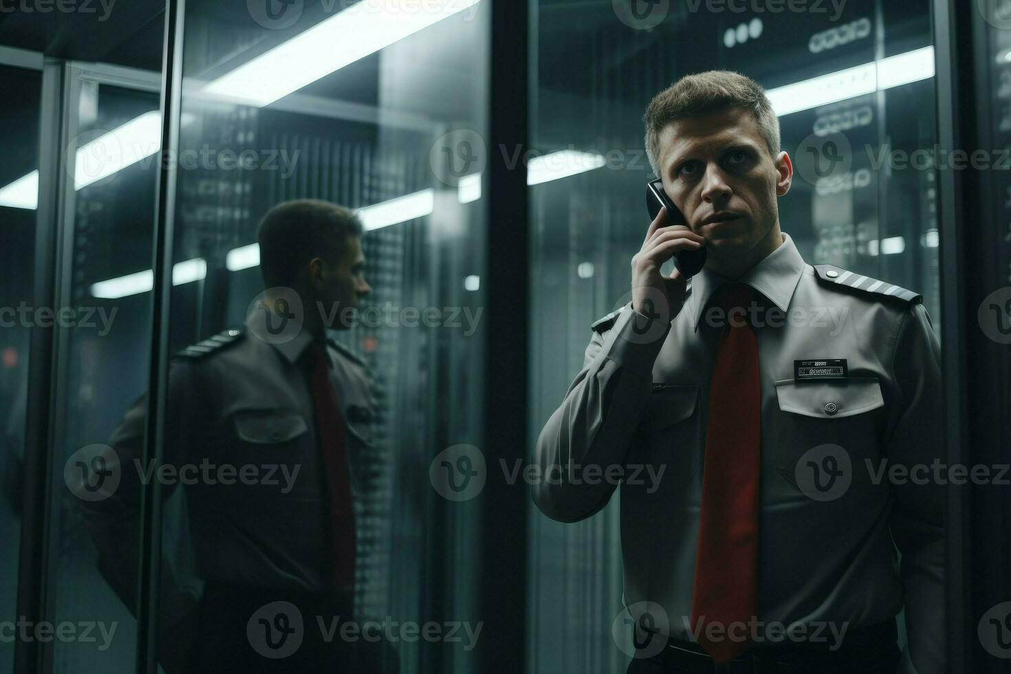 Male guard guard talk on phone. Generate Ai photo