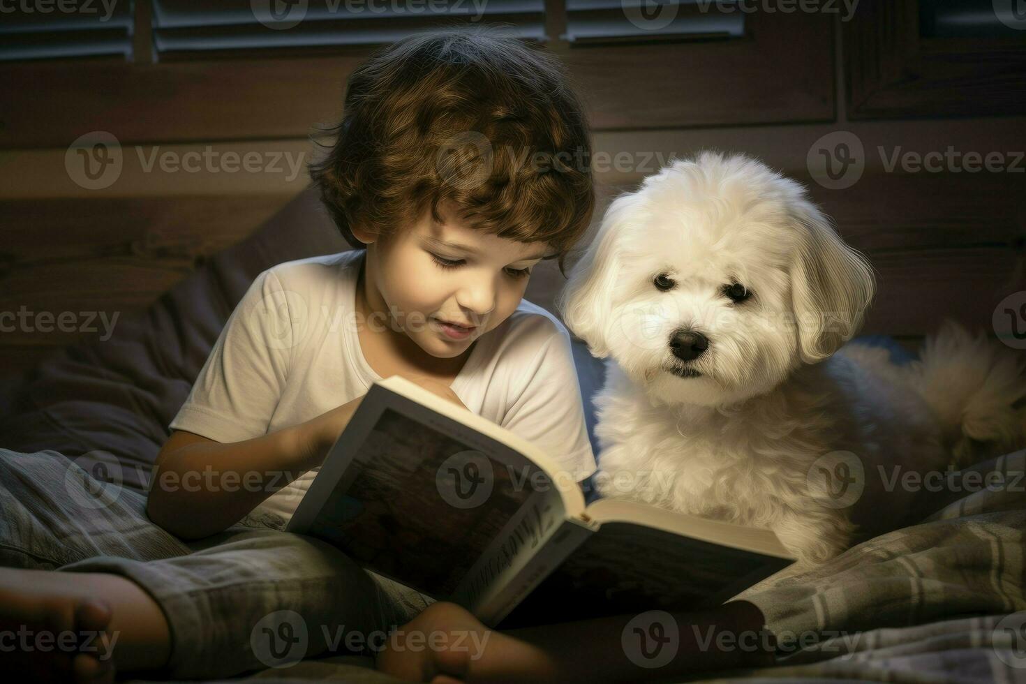 chico con bichón frise perro leyendo libro. generar ai foto