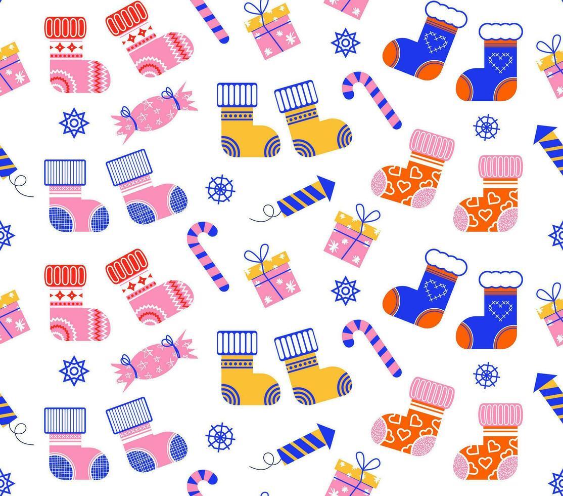 Seamless pattern with New Year's socks. Vector illustration of New Year's socks in a flat style. Multi-colored socks with ornaments. New Year's print.
