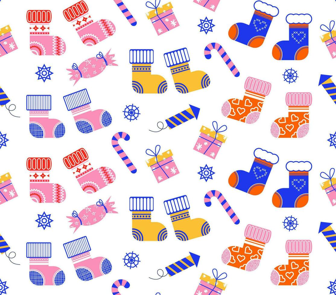 Seamless pattern with New Year's socks. Vector illustration of New Year's socks in a flat style. Multi-colored socks with ornaments. New Year's print.