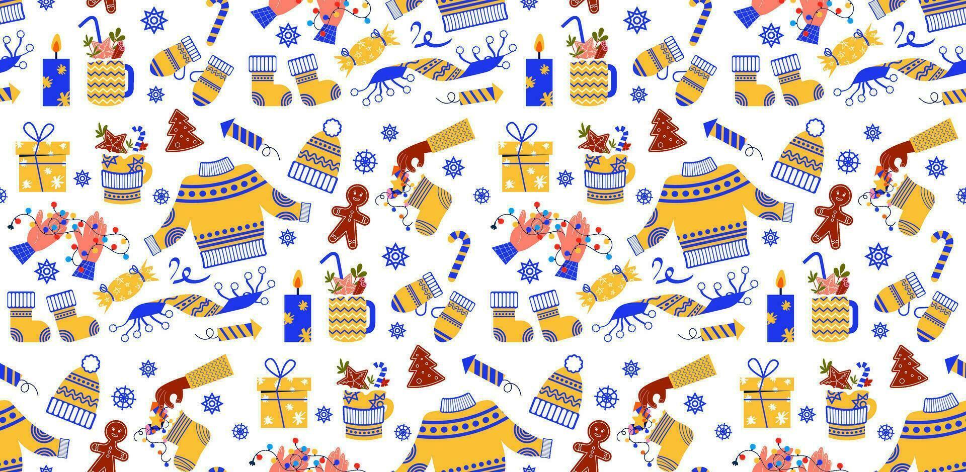 Seamless pattern of New Year's clothes. Vector background with New Year elements in flat style.