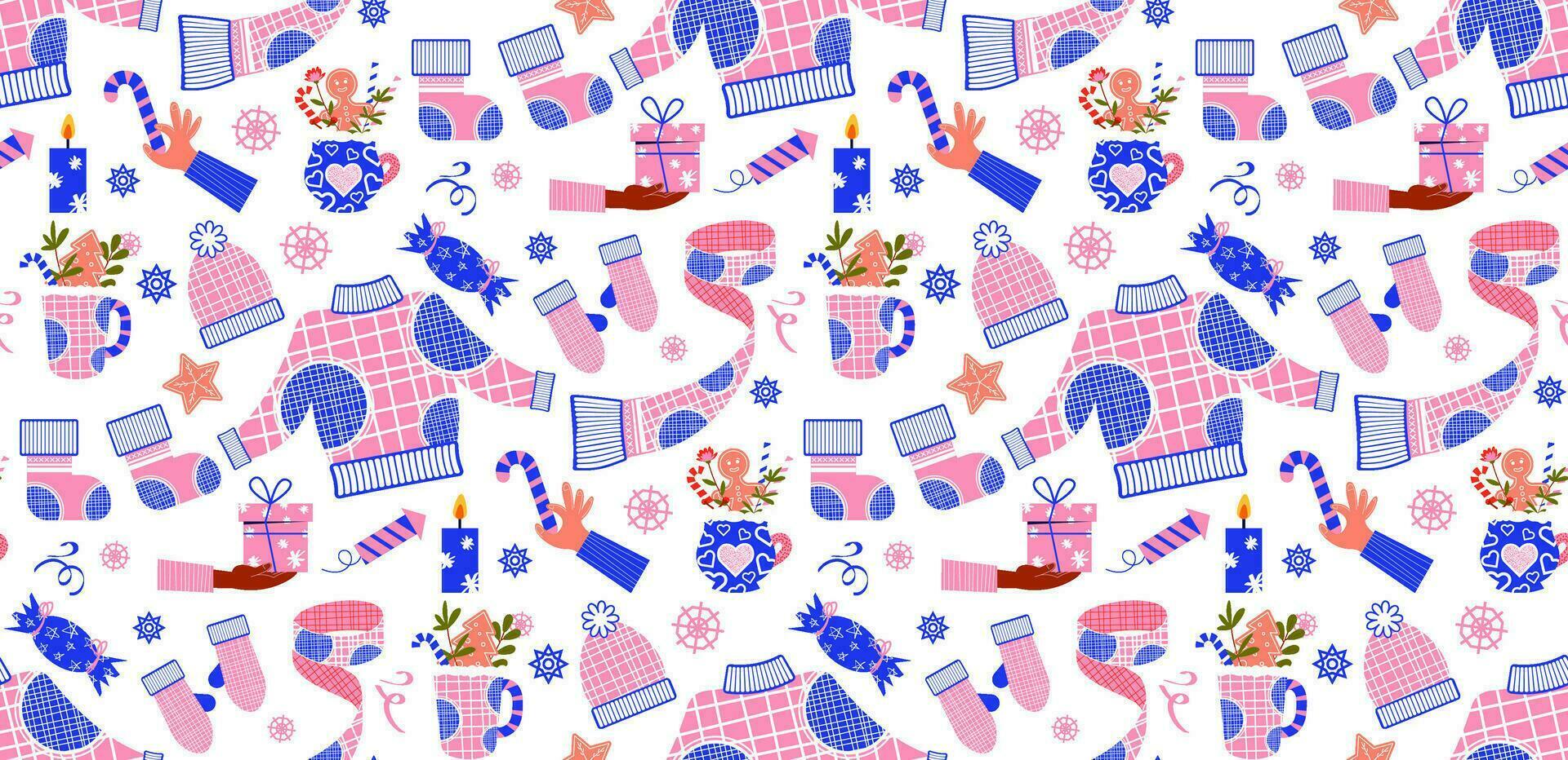 Seamless pattern of New Year's clothes. Vector background with New Year elements in flat style.