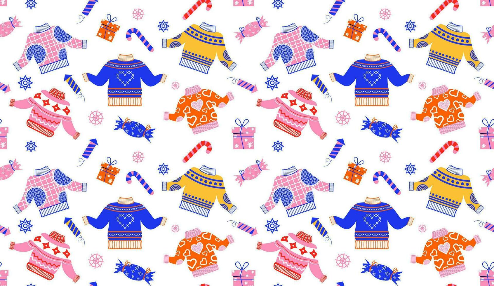 Seamless background with winter sweaters. Vector illustration of New Year's accessories in flat style. Suitable for packaging paper, printing on fabric.