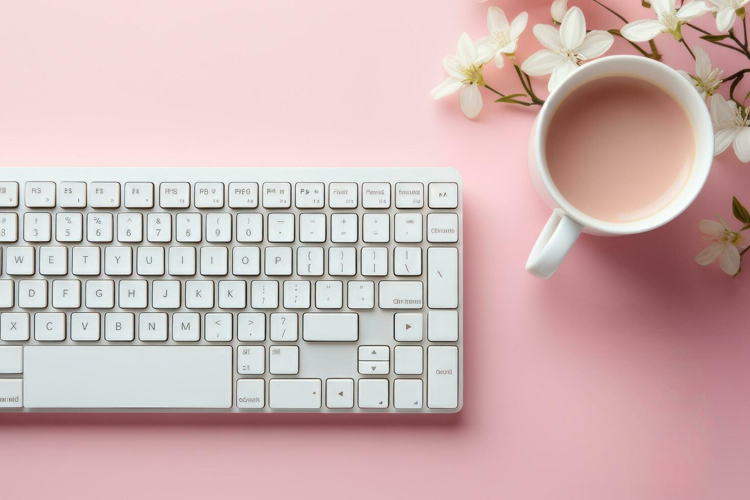 a cup of tea on computer desk photo