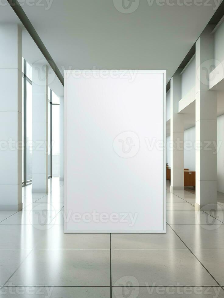 Front view of a blank white poster on a light wall in a mock- up. Modern bright hi-tech style apartment interior with mockup poster frame 3D illustration. AI Generative photo