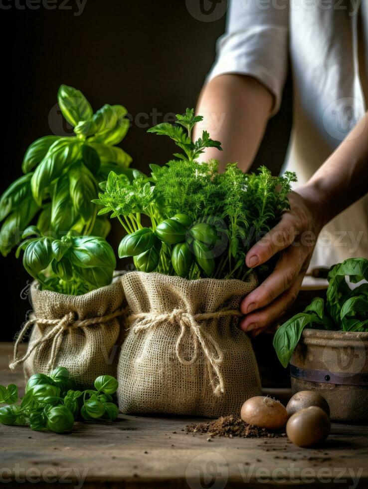 Person Holding a pot of herbs, Sustainability Generative AI photo