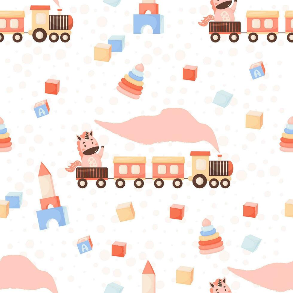 Cute kids seamless pattern. Children toys. Funny unicorn in train, cubes and pyramid on white background. Vector illustration in cartoon style.