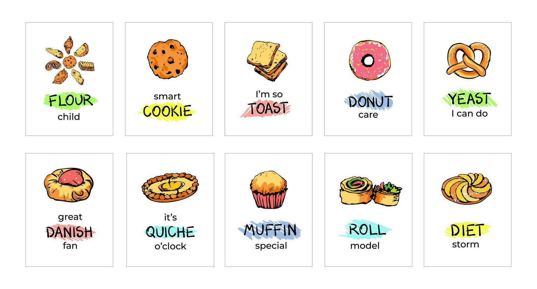 Colorful bread and bakery fun pun set vector