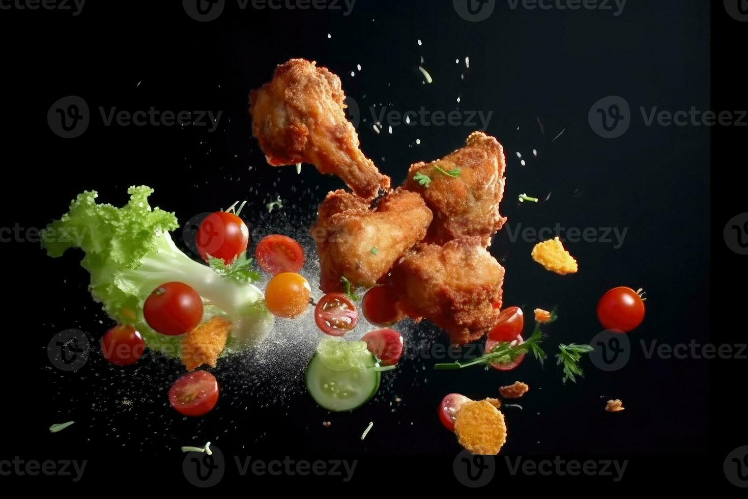 Flying elements of fried chicken with tomatoes and parsley, Generative AI photo