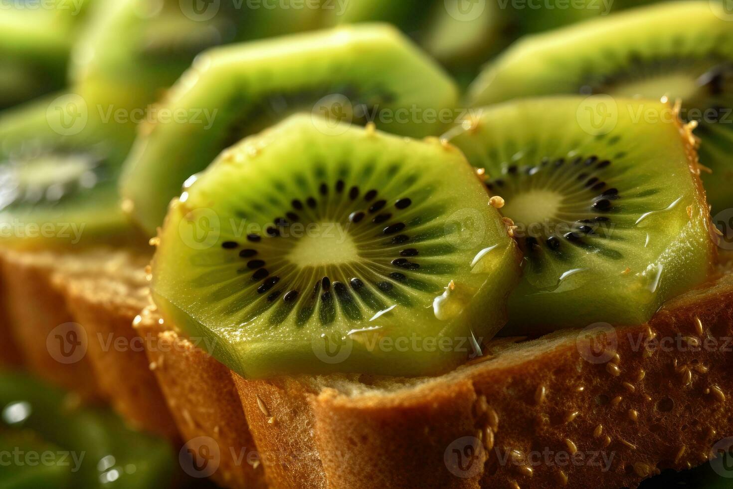 kiwi tostada, macro Disparo de un Fresco desayuno con goteo Miel, ai generado foto