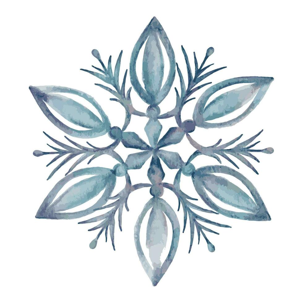 Hand drawn artistic blue snowflake with watercolor paper texture. Can be used for printed materials, prints, posters, cards, logo and web social media. Abstract background. Drawn decorative elements. vector