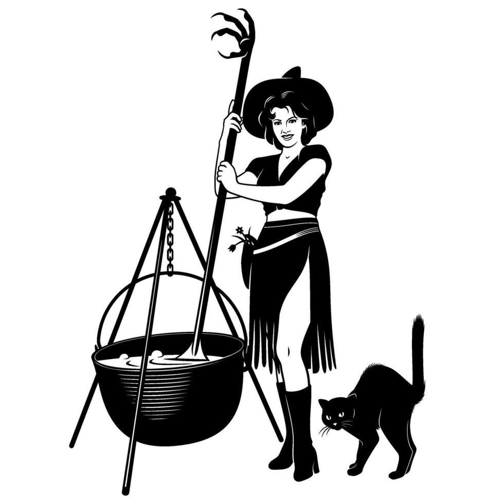 Young Halloween Witch sitting on a pumpkin. Black and white Ink style vector clipart. All figures are separate objects.