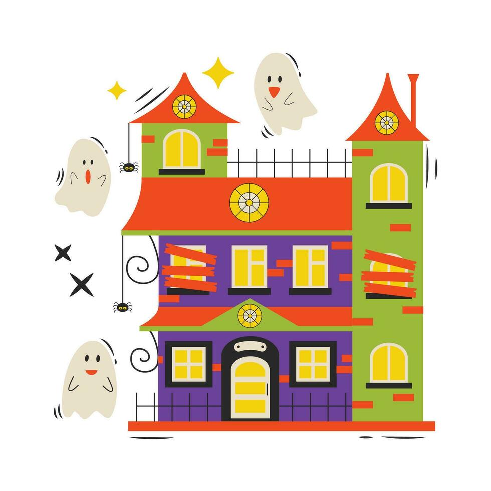 Set of cartoon Halloween elements. Old scary house with spiders and ghosts. vector