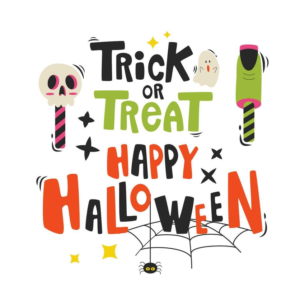 Set of cartoon Halloween elements and lettering. Happy Halloween. Trick or treat. vector