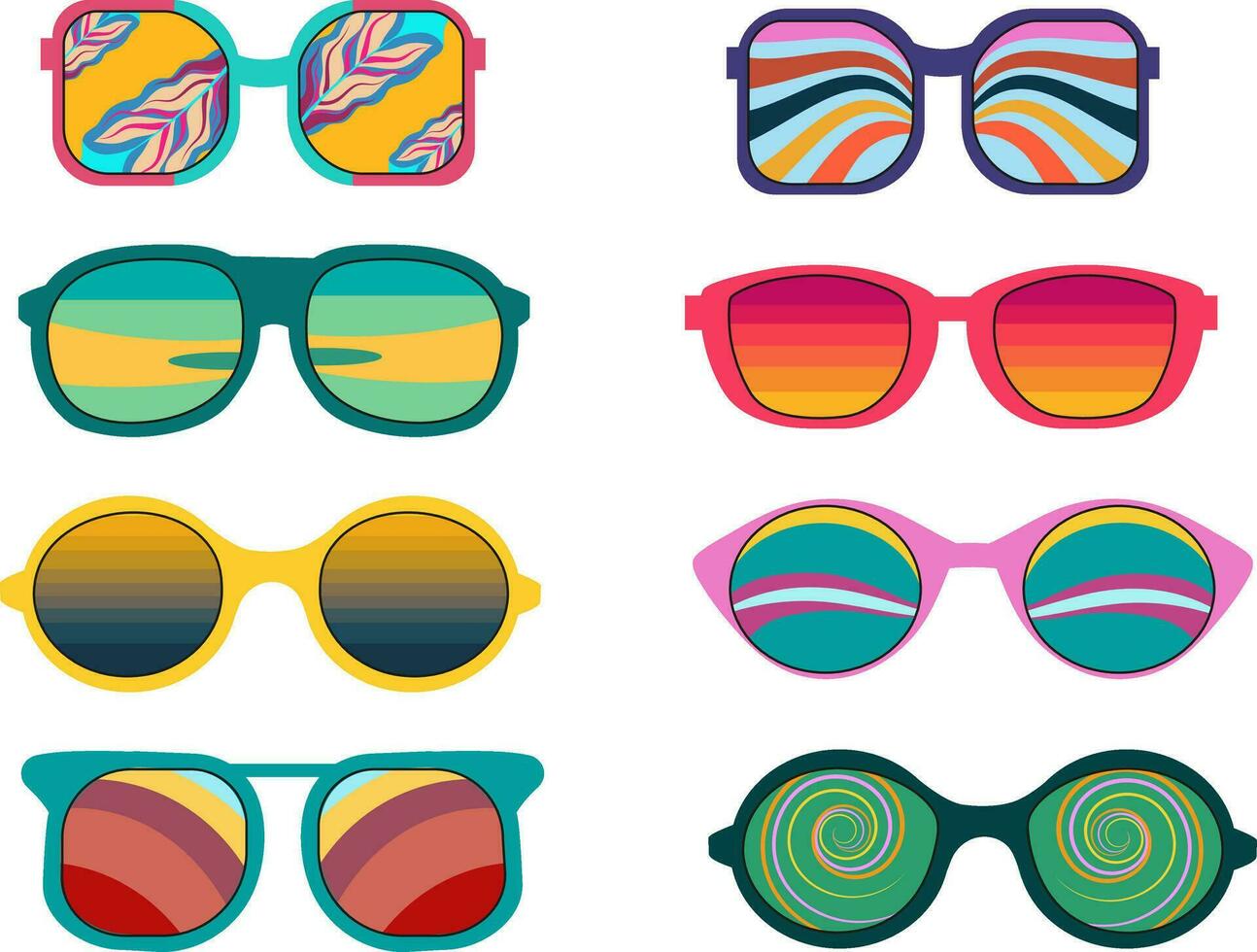Set of geometric abstract sunglasses.70s retro hippie style.Vibes funky eyeglasses with deco elements.Vintage nostalgia psychedelic elements. vector