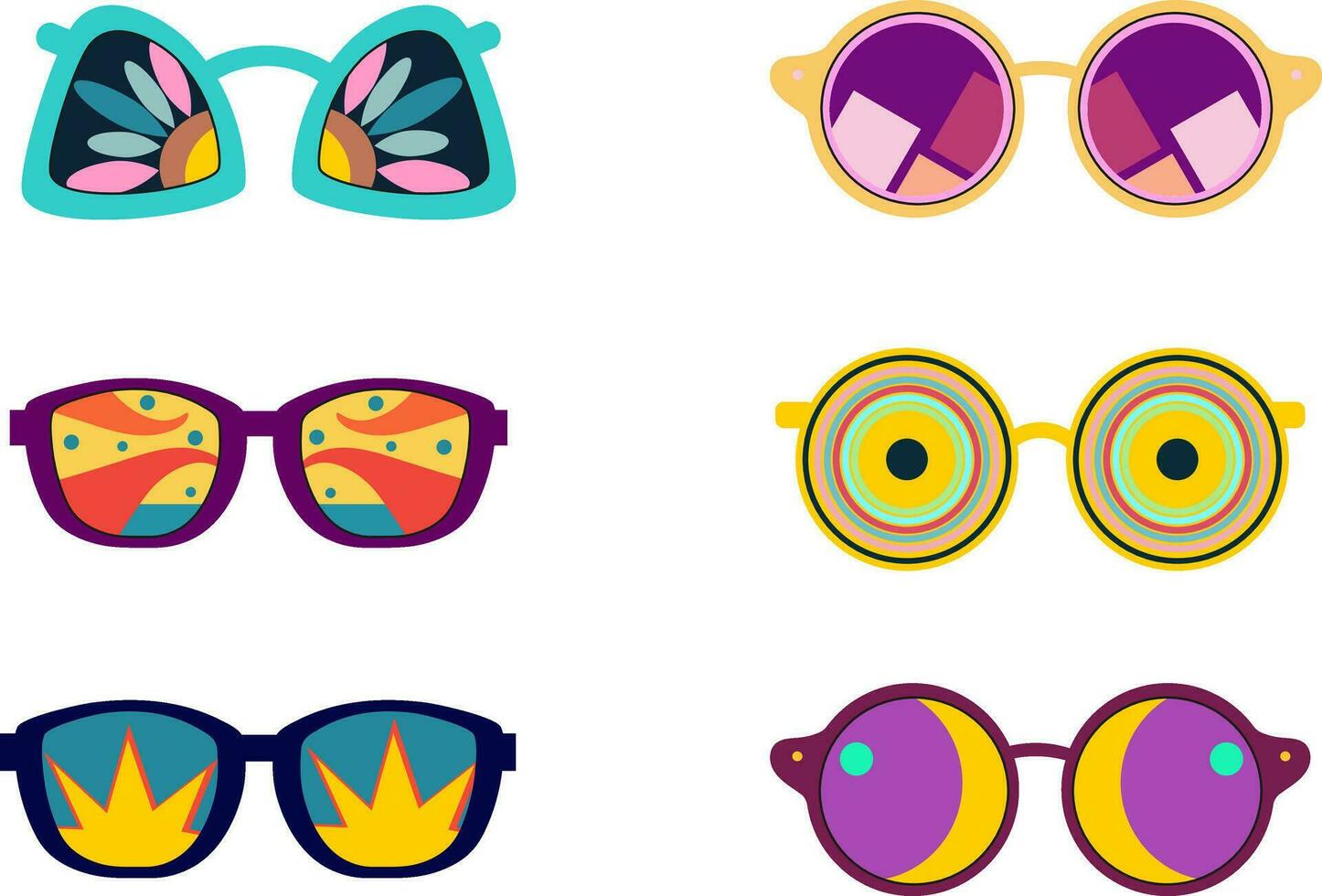 conjunto de geométrico resumen gafas de sol.70s retro hippie estilo.vibraciones miedoso los anteojos con deco elementos.vintage nostalgia psicodélico elementos. vector