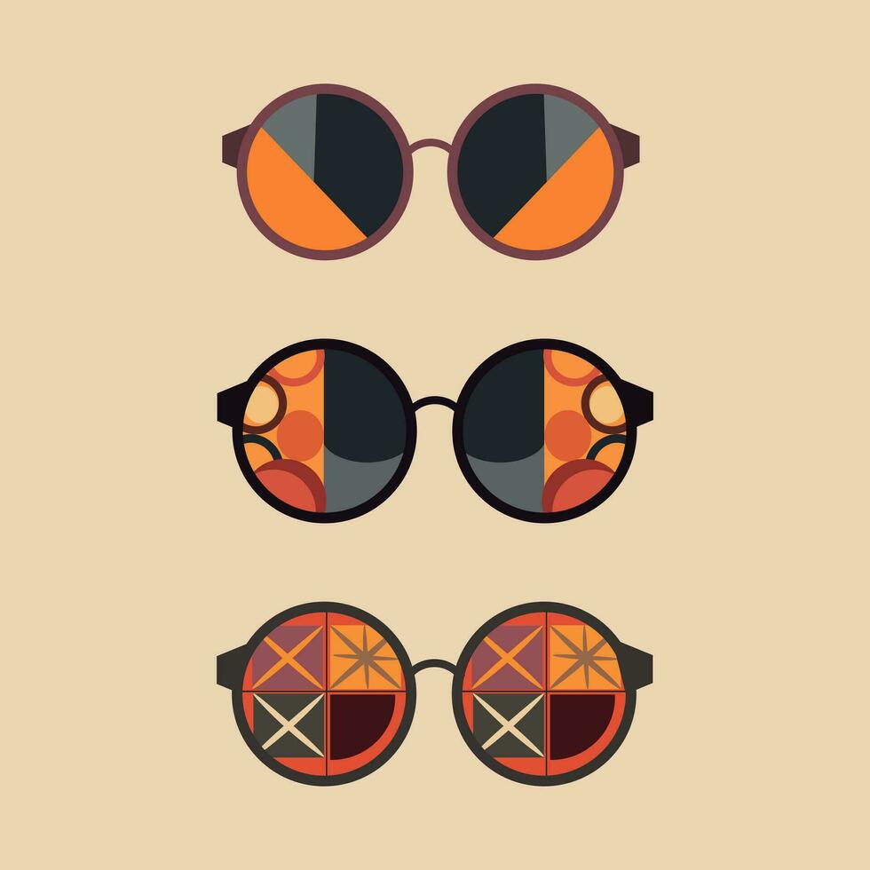 Set of geometric abstract sunglasses.70s retro hippie style.Vibes funky eyeglasses with deco elements.Vintage nostalgia psychedelic elements. vector