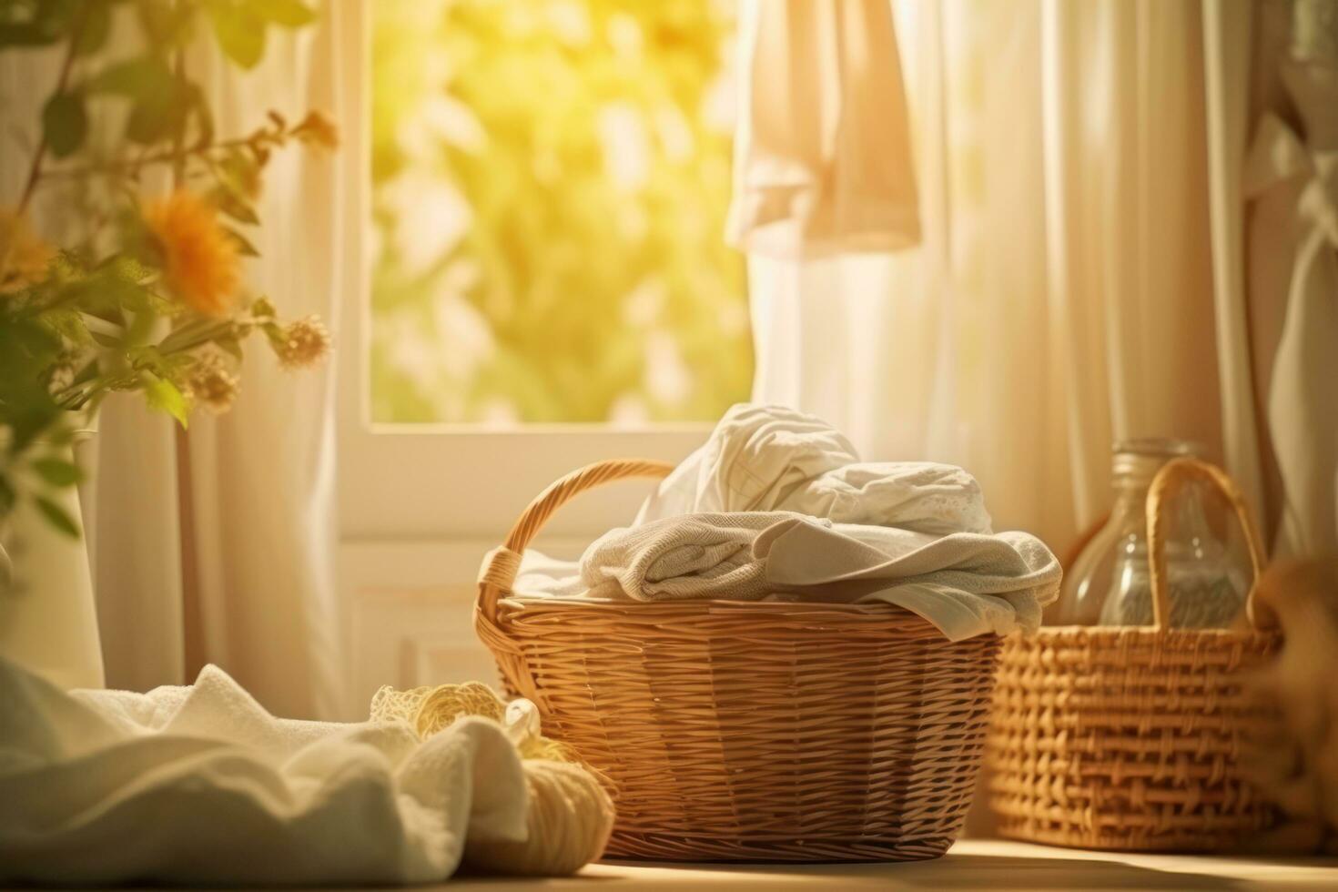 Basket of clean and towels placed in a laundry room photo