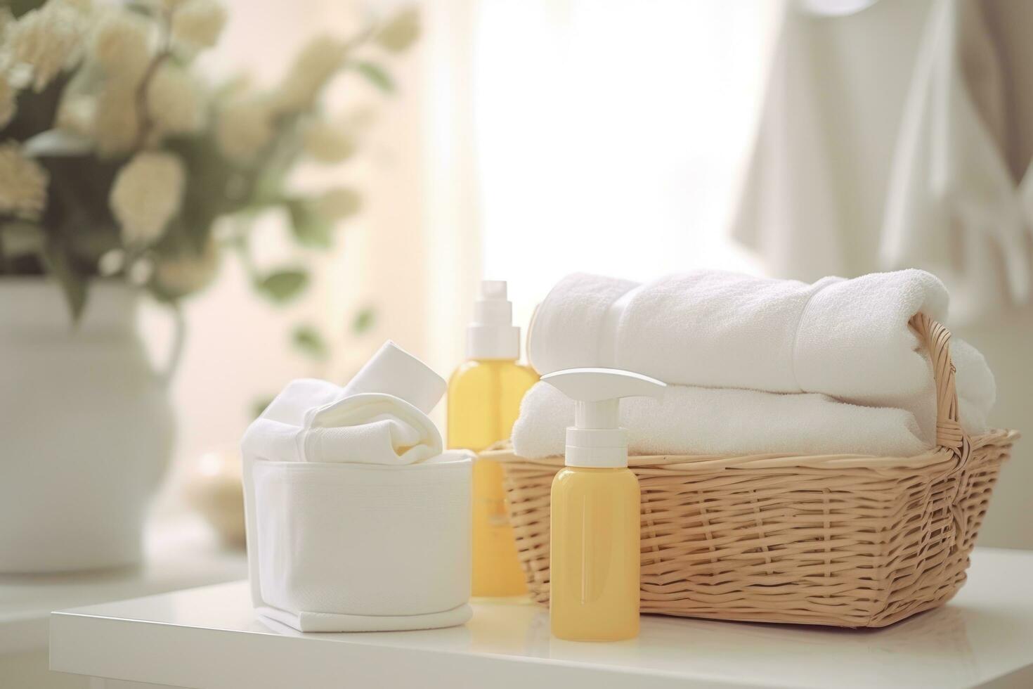 Basket of clean and towels placed in a laundry room photo