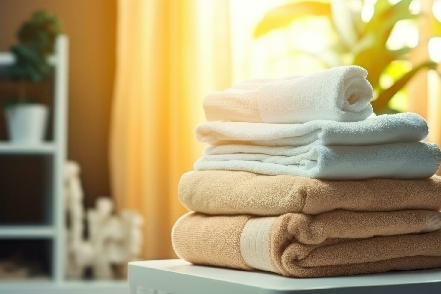 Basket of clean and towels placed in a laundry room photo