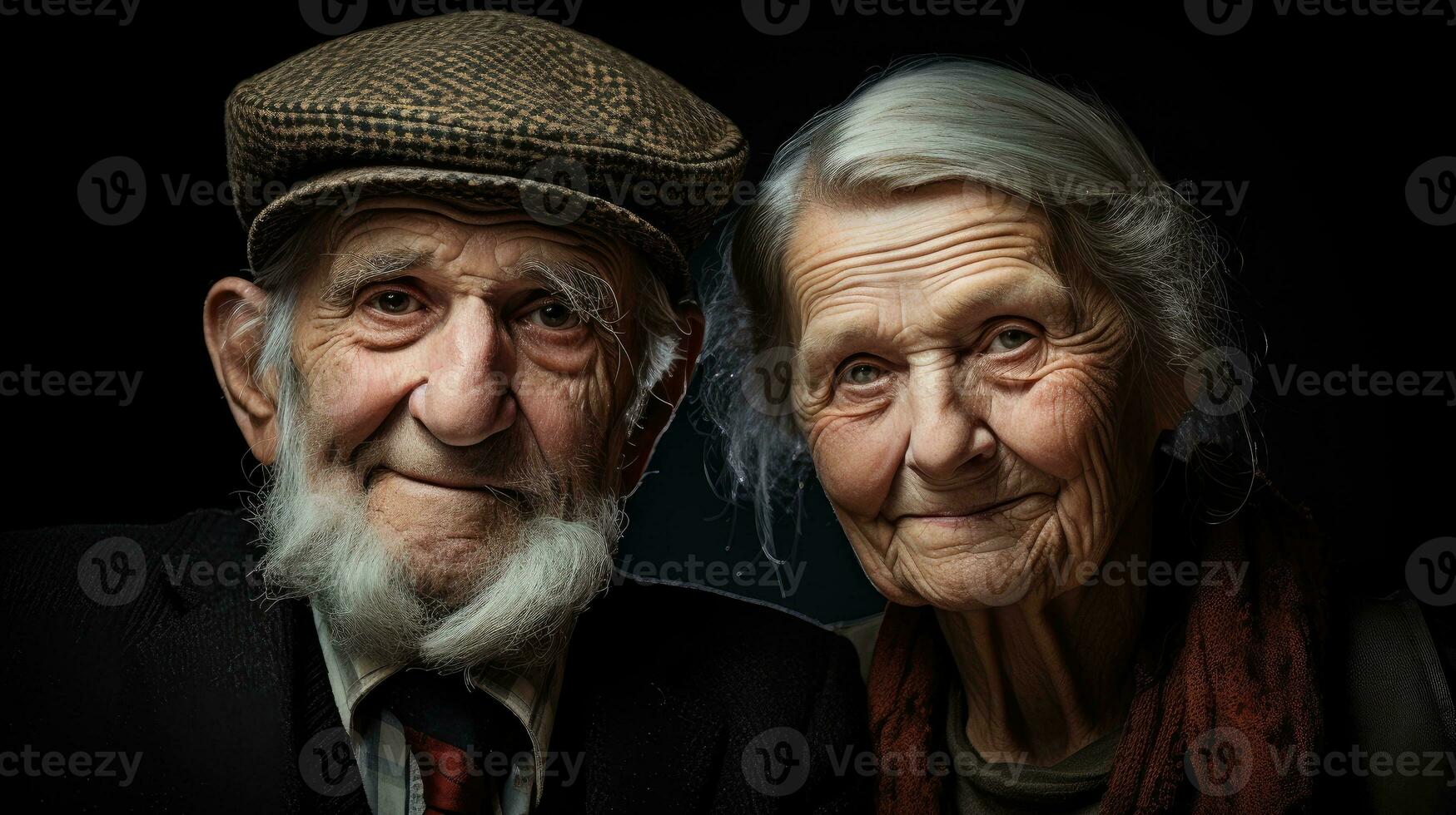 Joint portrait of an elderly couple, husband and wife, 70-90 years old. Close up of smiling faces of old people. Together forever. Love and devotion. Wisdom in the eyes. Golden wedding AI generated photo