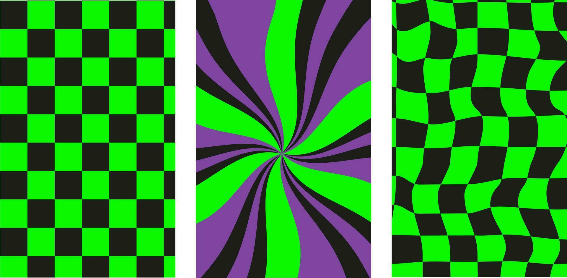 Collection of retro checkerboard backgrounds featuring vivid hues. A groovy and psychedelic chessboard backdrop inspired by the 60s and 70s. vector