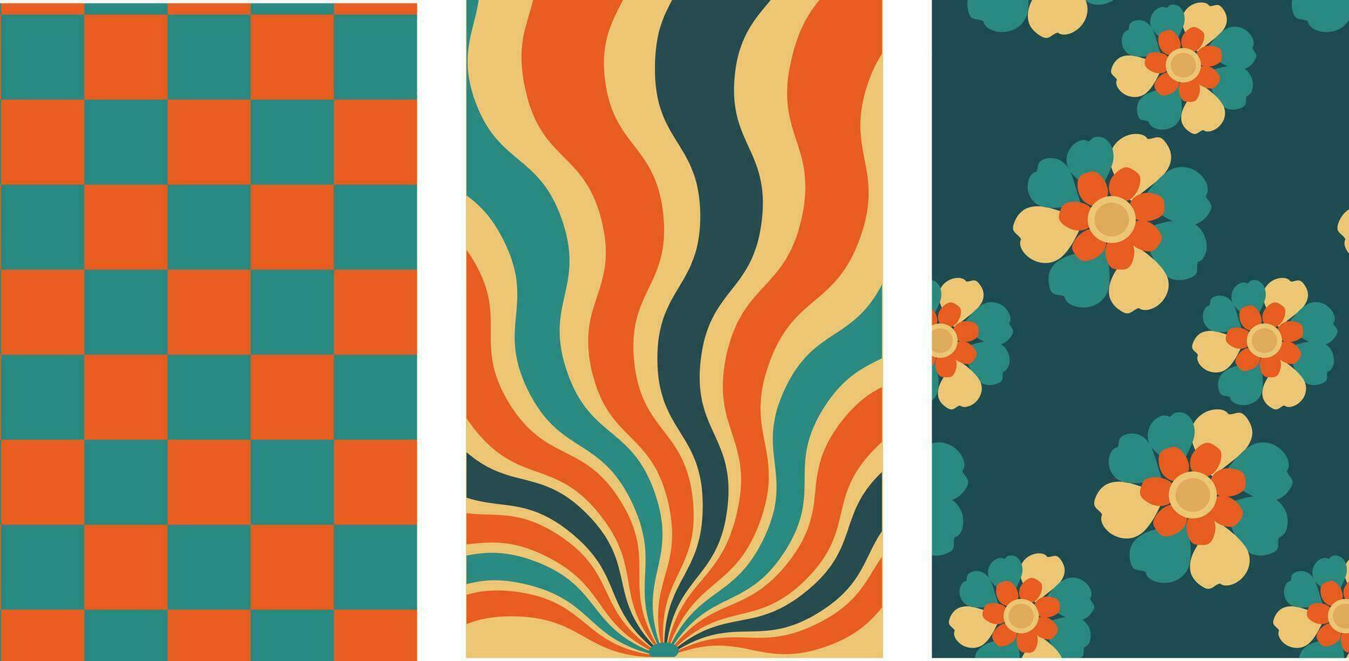 Collection of retro checkerboard backgrounds featuring vivid hues. A groovy and psychedelic chessboard backdrop inspired by the 60s and 70s. vector