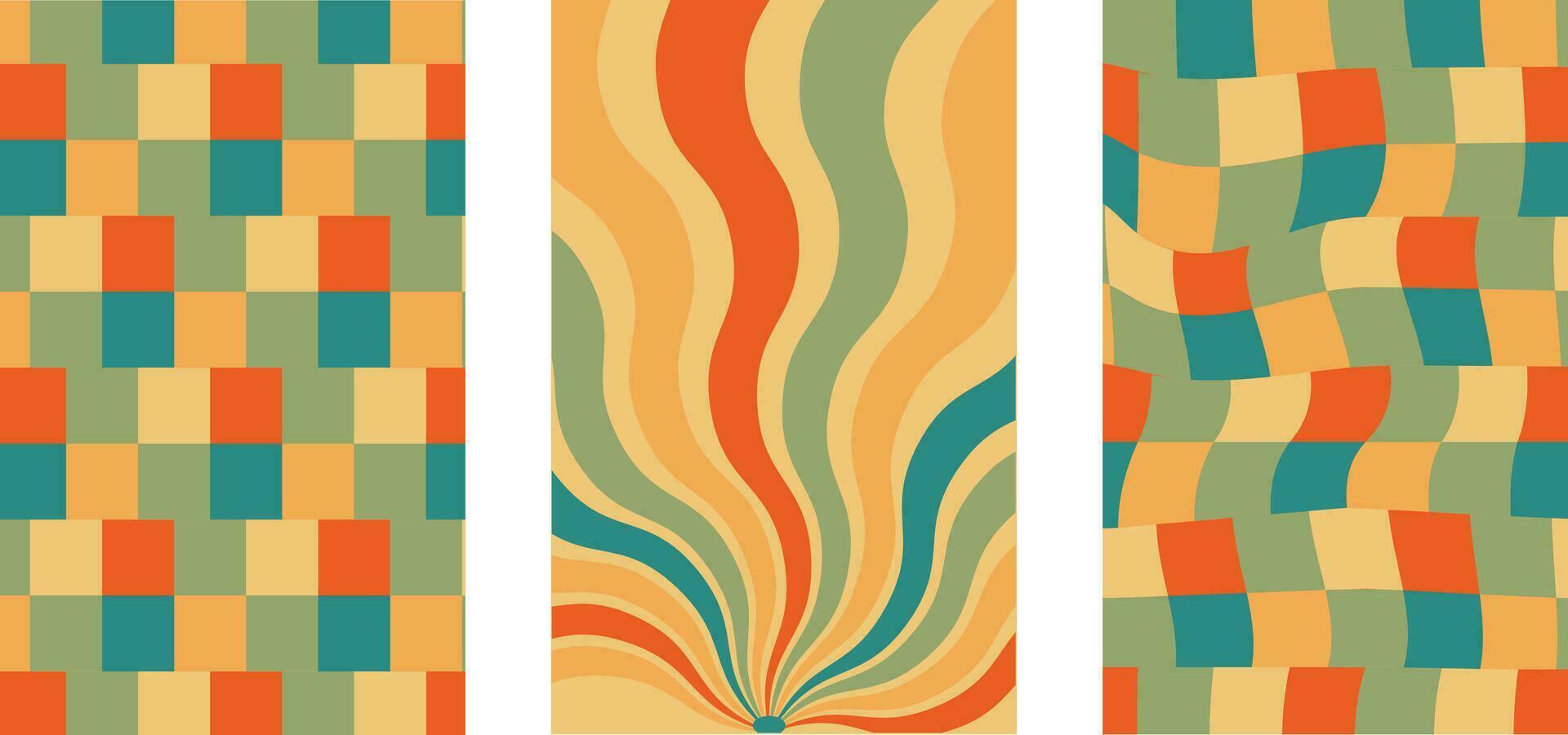 Collection of retro checkerboard backgrounds featuring vivid hues. A groovy and psychedelic chessboard backdrop inspired by the 60s and 70s. vector