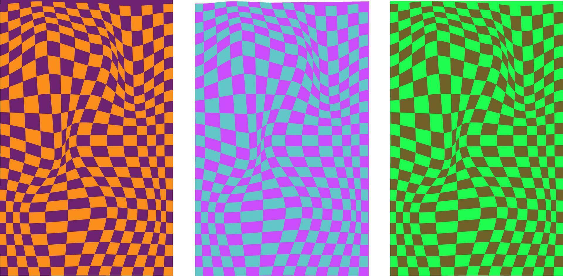 Collection of retro checkerboard backgrounds featuring vivid hues. A groovy and psychedelic chessboard backdrop inspired by the 60s and 70s. vector