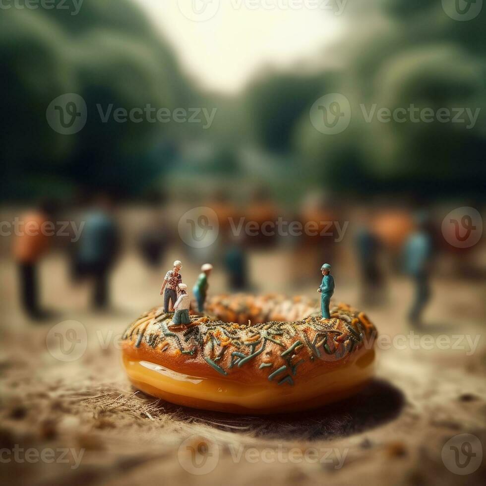 social structures donut with marshmallows and tiny people, AI Generated photo