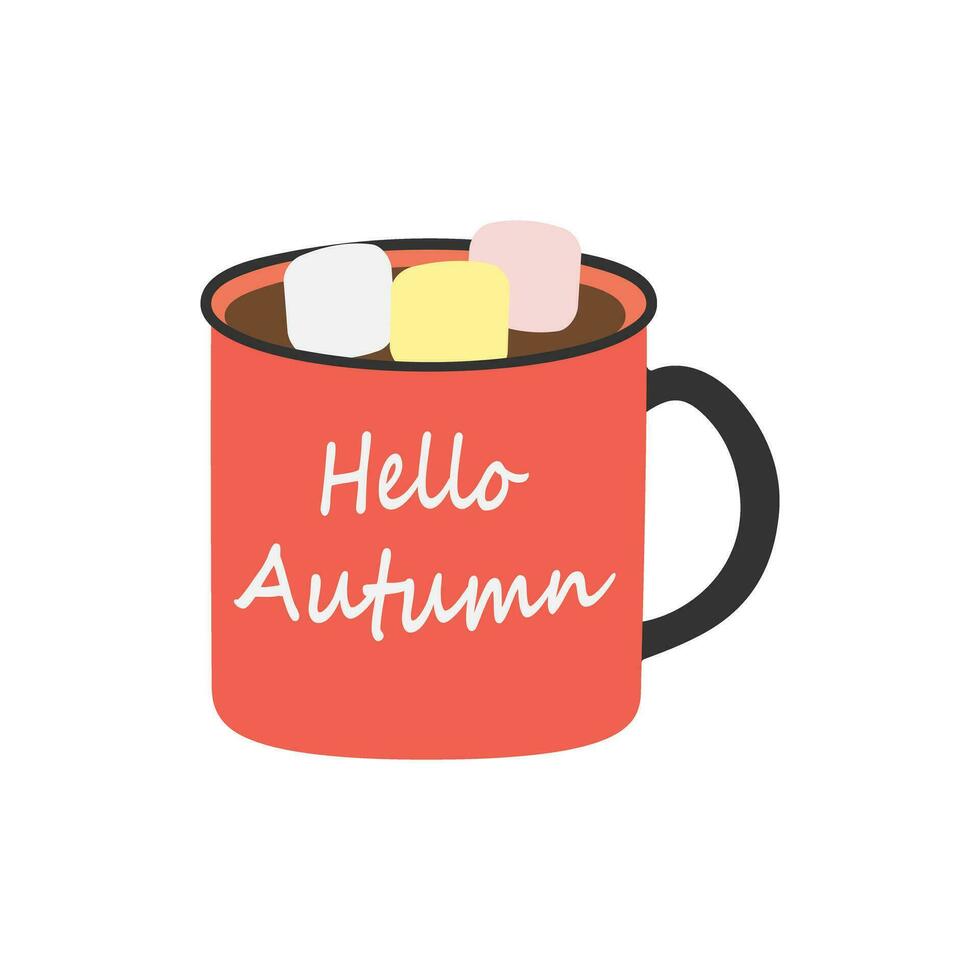 resumen taza con letras Hola otoño, calentar bebida y malvavisco cubitos en de moda sesonal sombras vector