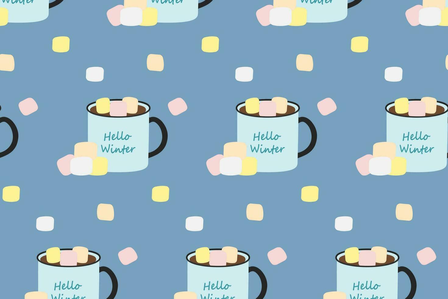 Seamless winter pattern of mugs with lettering, warm drink and marshmallow in trendy seasonal colors vector