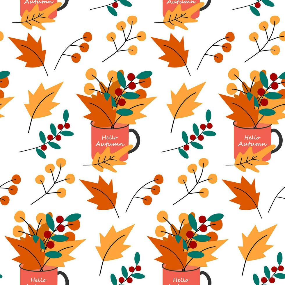 Seamless pattern of mugs with lettering Hello autumn and bouquet of leaves and twigs with berries vector