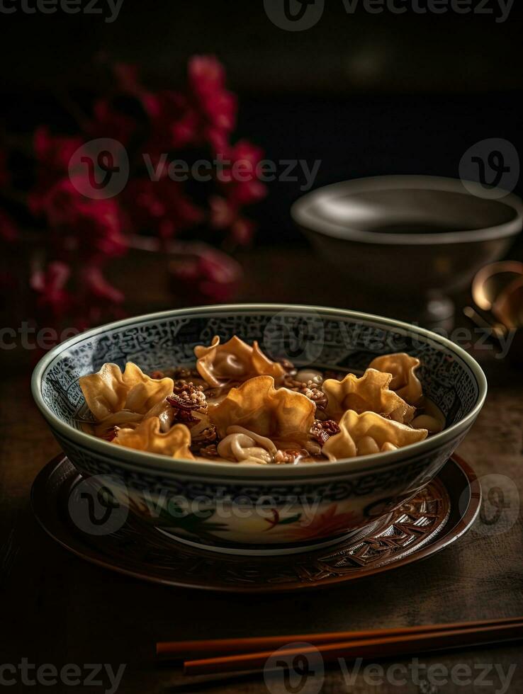 Shui lan fried wonton for chinese kung pao, in the style of flower and nature motifs AI Generated photo