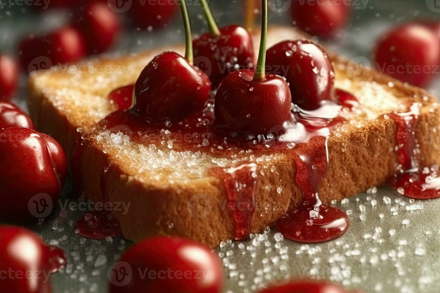 cherry toast, macro shot of a fresh breakfast with Dripping Honey, AI Generated photo