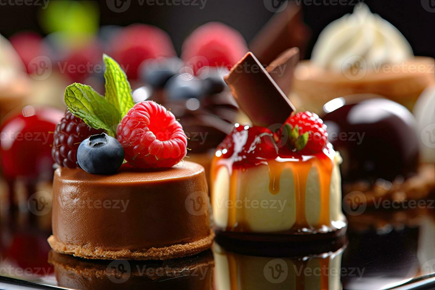 Desserts including chocolate, raspberries, Generative AI photo