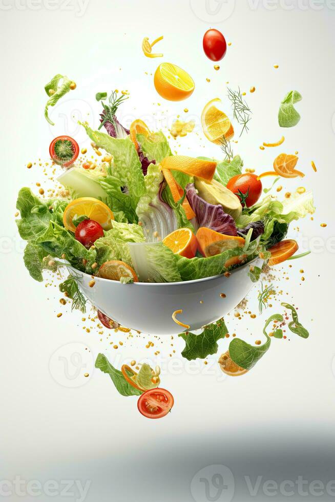 Salad flying ingredients on white background, AI Generated photo