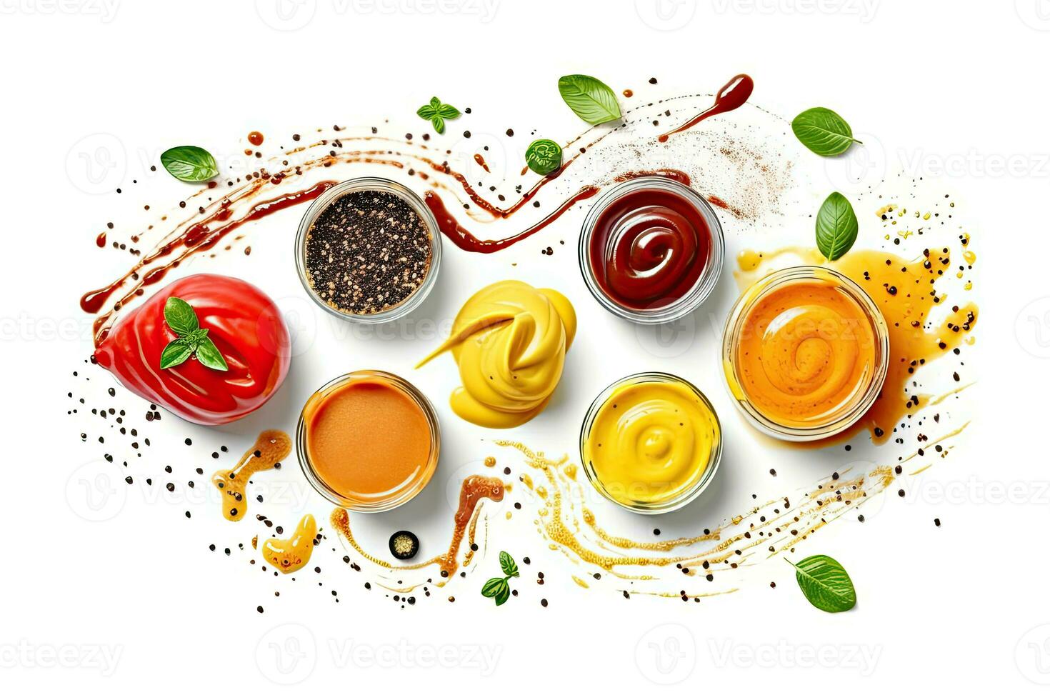 selección de salsas con diferente colores en un blanco, generativo ai foto
