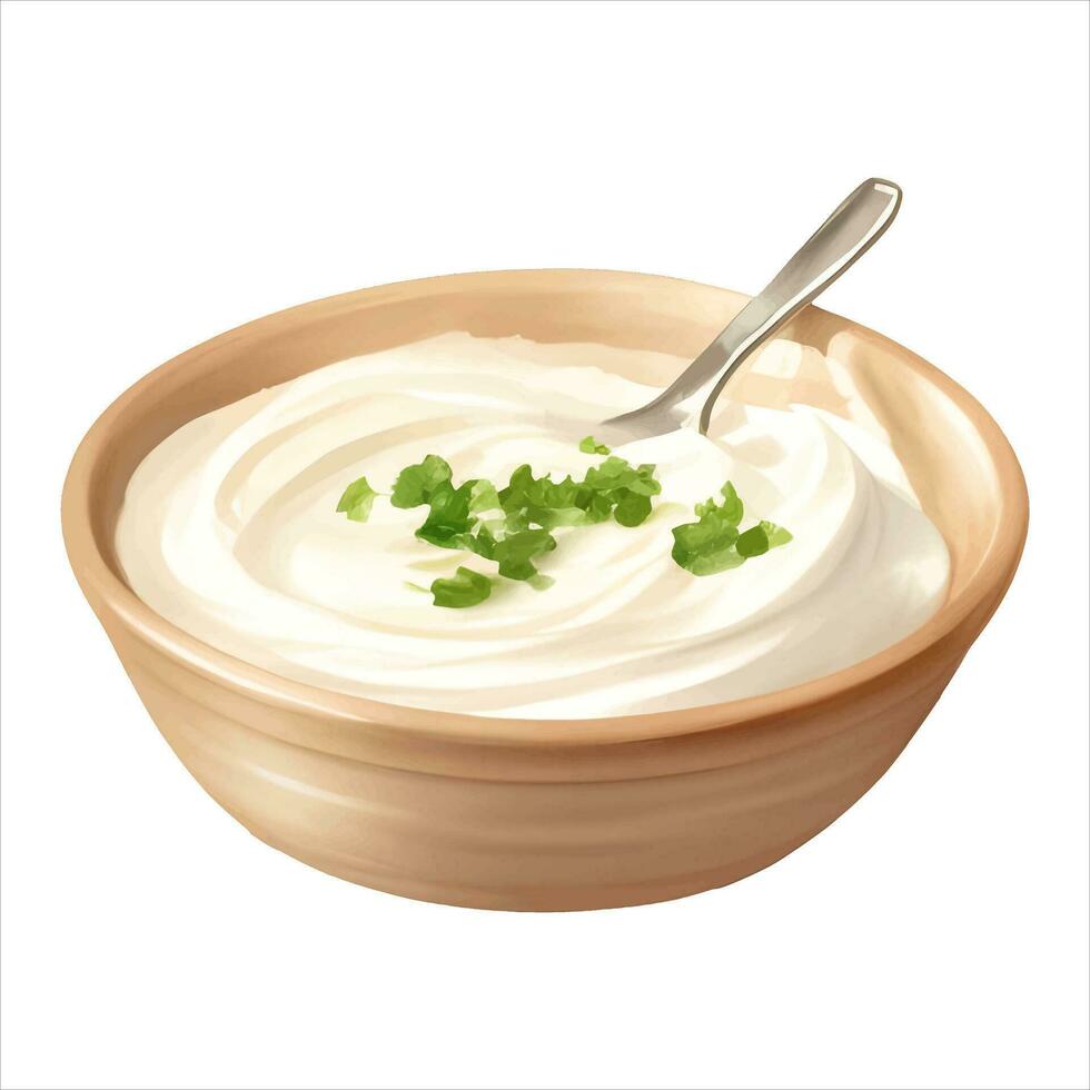 Sour Cream with Garnish in Bowl Isolated Detailed Hand Drawn Painting Illustration vector