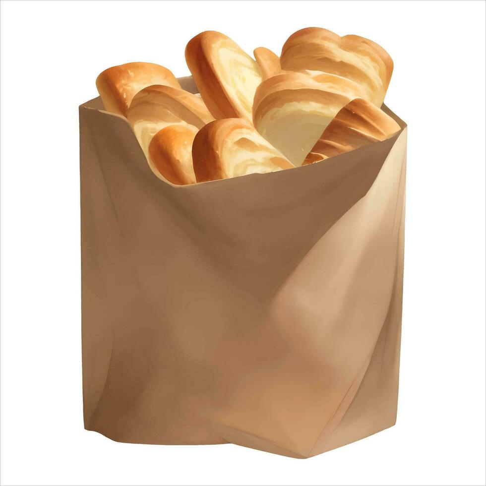 panadería o panes en papel bolso aislado detallado mano dibujado pintura ilustración vector